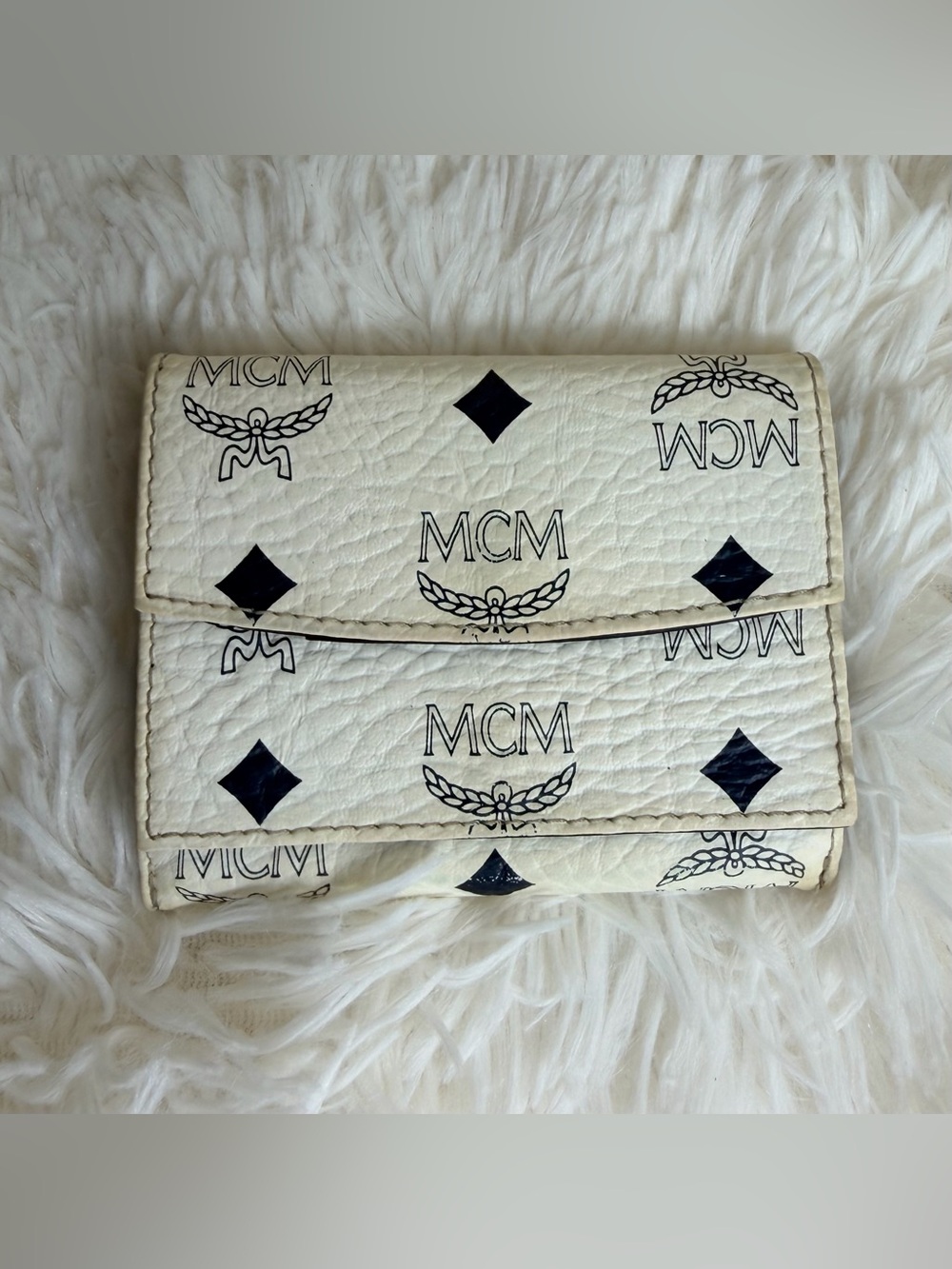 MCM White Leather Trifold Wallet with Navy Logo Print